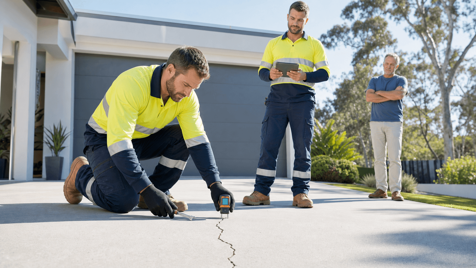 Worker in hi-vis inspects cracked concrete slab with clipboard at a sunlit construction site, blue sky behind