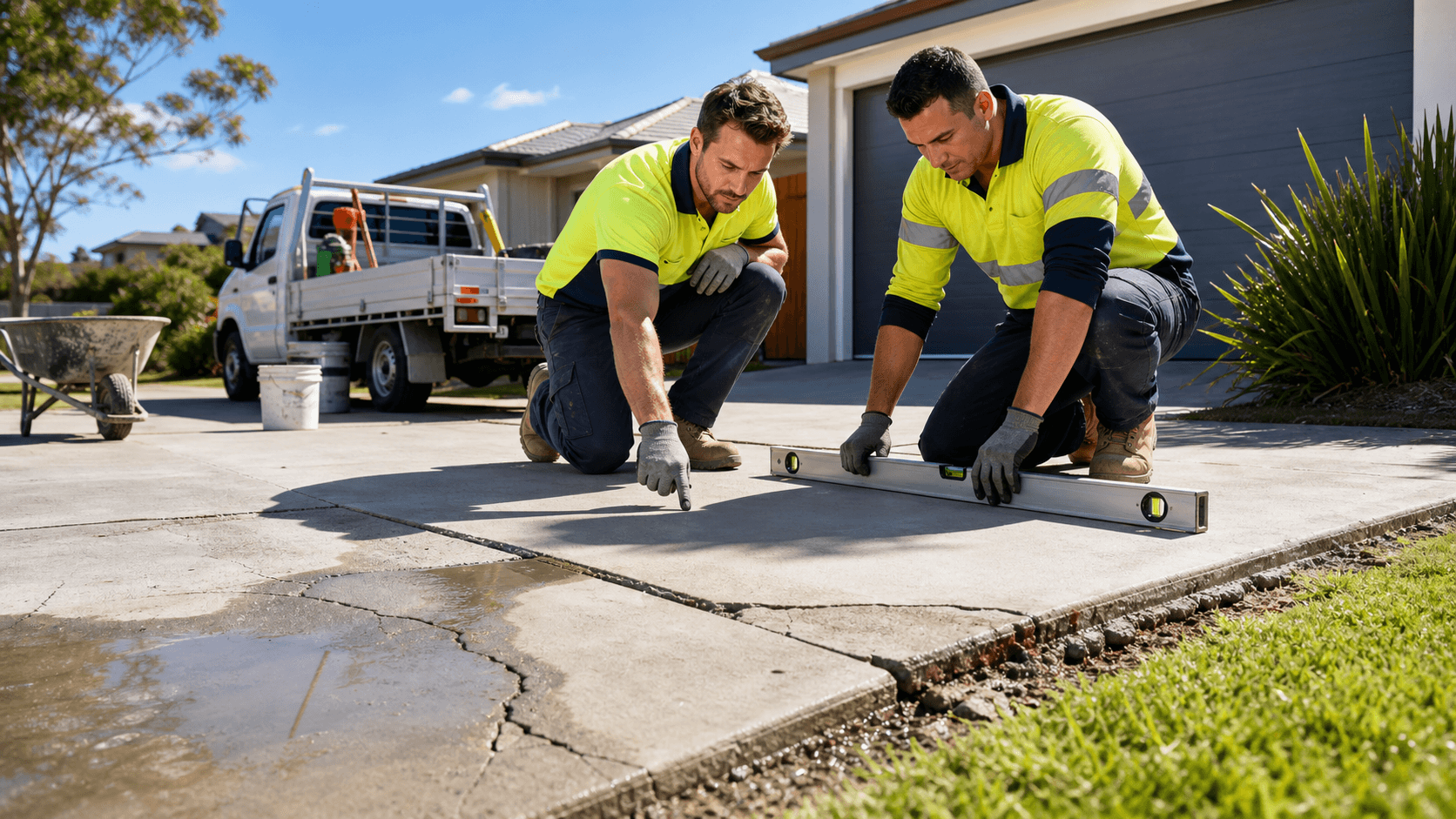 Cracked concrete driveway with uneven slabs and oil stains, sunlit suburban house and garage in background.