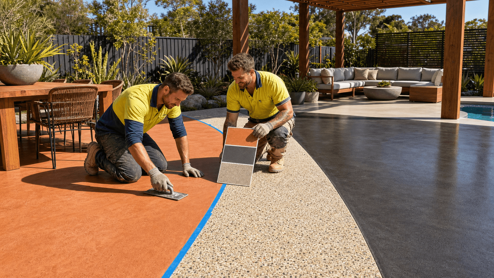 Sunlit backyard patio with smooth coloured concrete in warm terracotta and grey, bordered by greenery and seating.