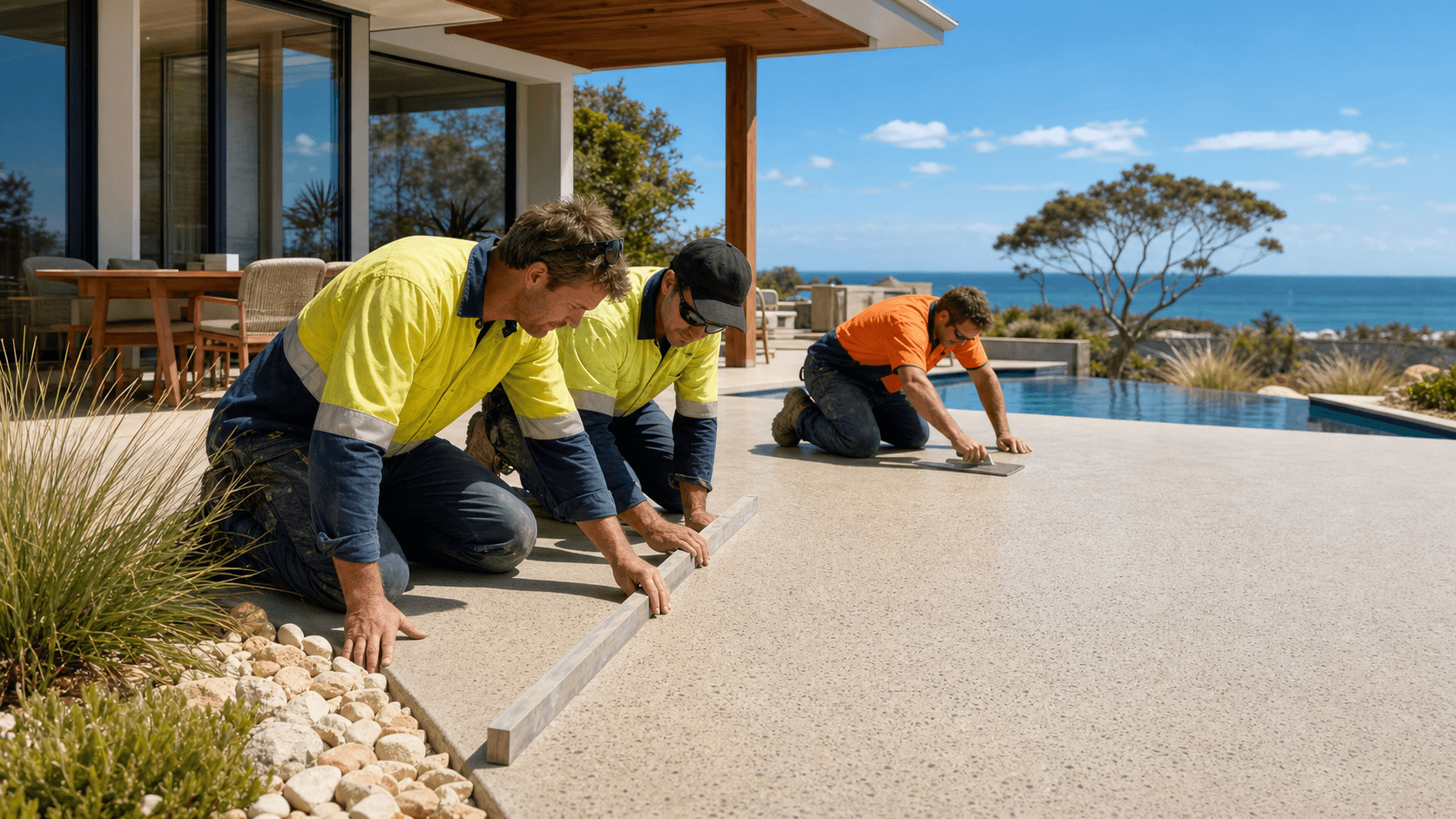Sunlit coastal patio with pale concrete slab, outdoor seating, potted plants, and ocean view in the background