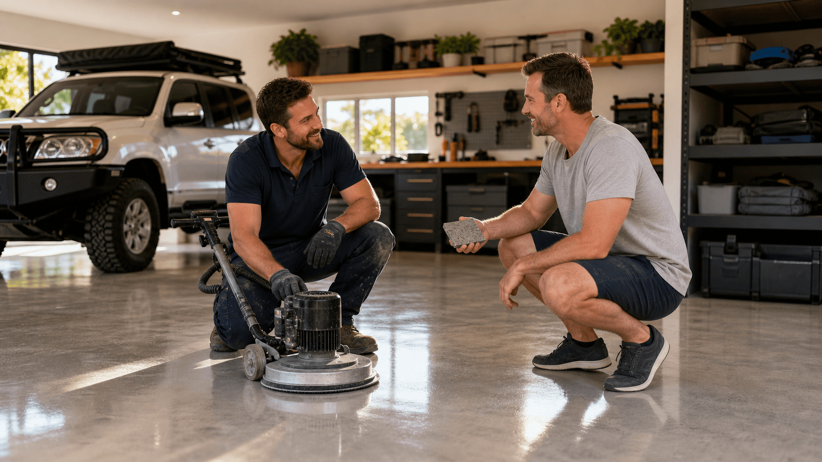 Sunlit garage workshop with glossy polished concrete floor, parked car, tool bench, and storage shelves