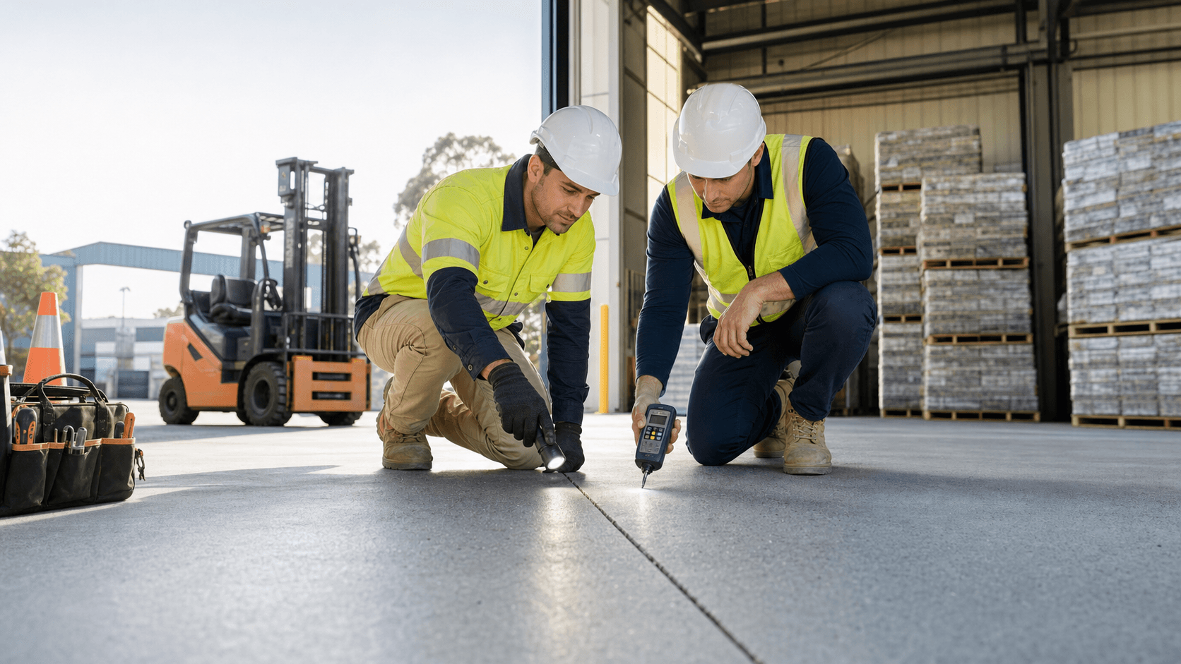 Sunlit industrial warehouse floor of smooth gray concrete with faint cracks, yellow safety lines, and steel beams